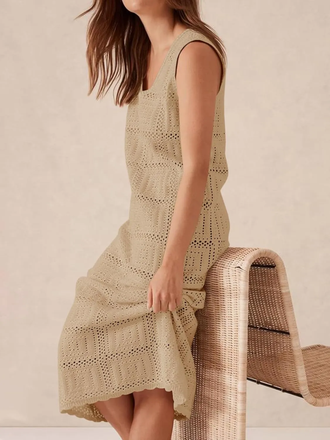 Fisoew Womens Crochet Sleeveless Dress Casual Summer V Neck Boho Knit Cover Up Beach Vacation Midi Tank Dresses