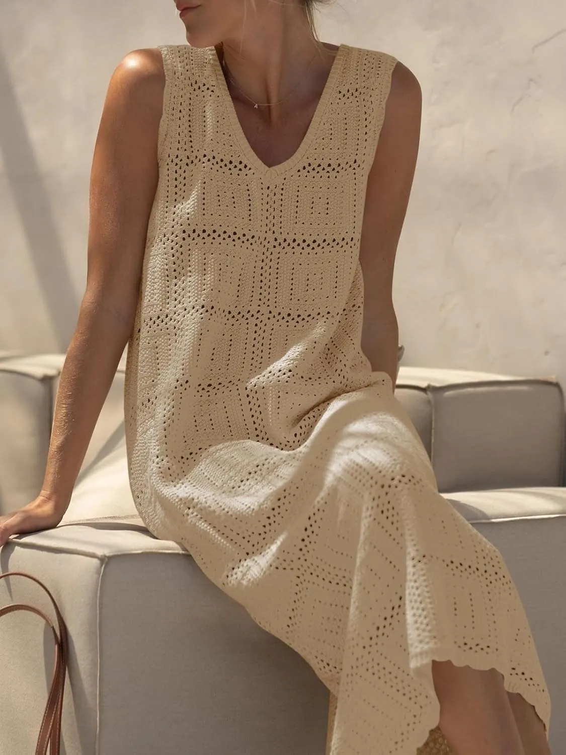 Fisoew Womens Crochet Sleeveless Dress Casual Summer V Neck Boho Knit Cover Up Beach Vacation Midi Tank Dresses