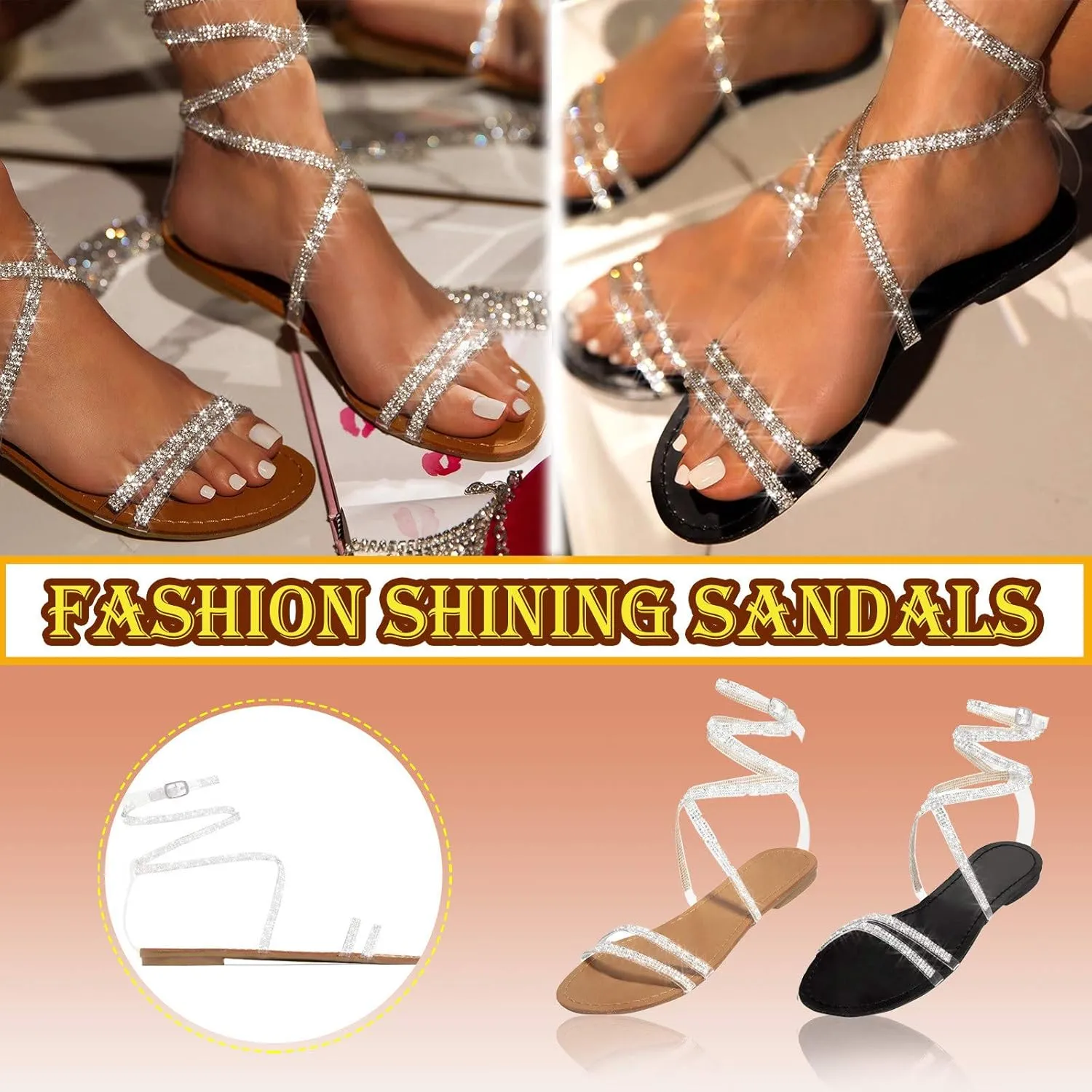 Flat Sandals for Women, Sparkly Silver Sandals Woman Dressy Summer, Rhinestone Sandals Flower Beach Flip Flops Elegant Bridal Sandals Toe Ring Strappy Wedding Sandals for Bride (a-Black, 8.5)