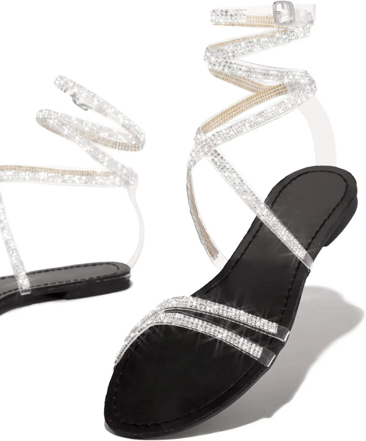 Flat Sandals for Women, Sparkly Silver Sandals Woman Dressy Summer, Rhinestone Sandals Flower Beach Flip Flops Elegant Bridal Sandals Toe Ring Strappy Wedding Sandals for Bride (a-Black, 8.5)