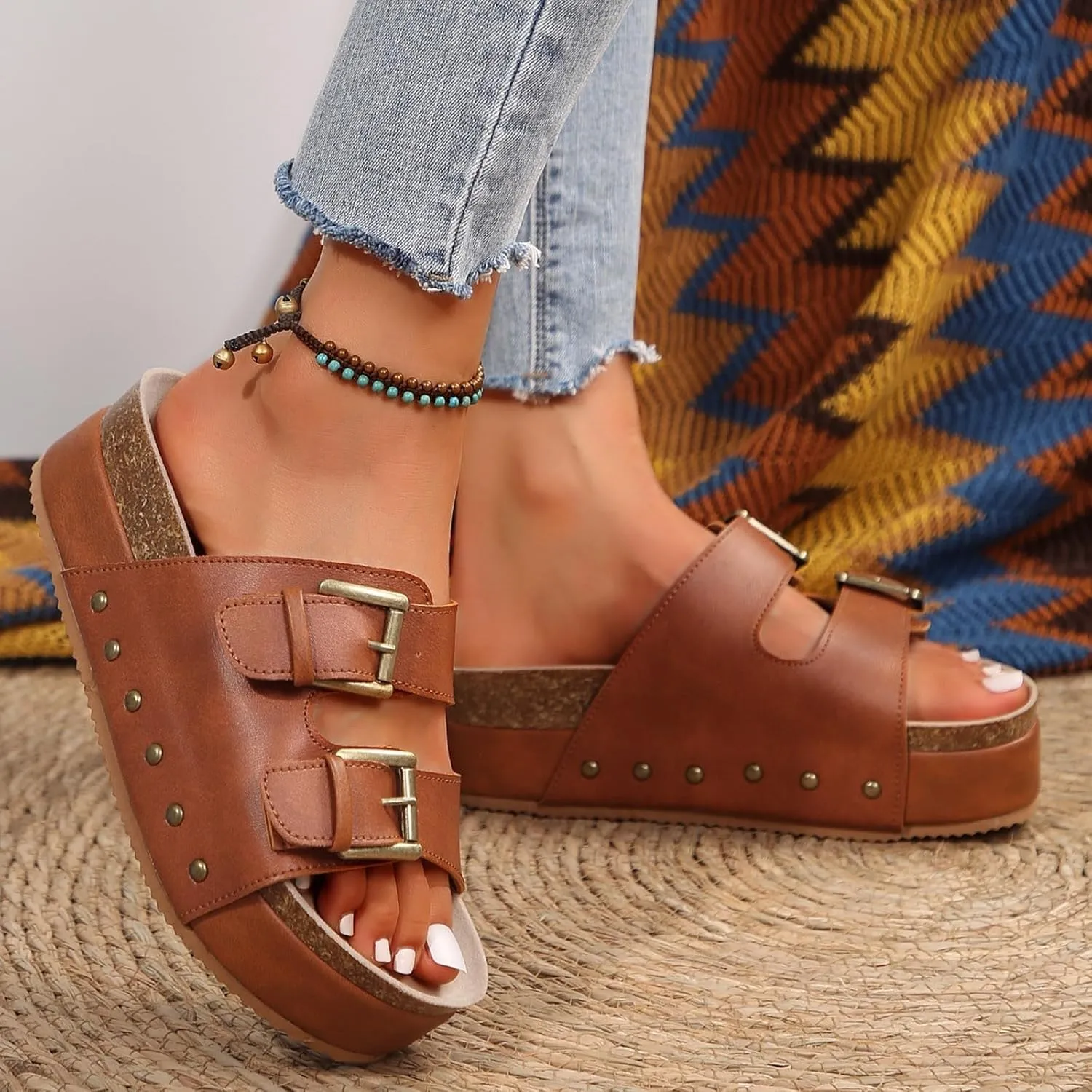 Flatform Sandals for Women Cork Footbed Slippers Platform Sandals Fashionable Thick Soled Mats Comfortable Sandals Women Dressy Summer Casual Walking Wedges Platform Wedges Open Toe Beach Shoes