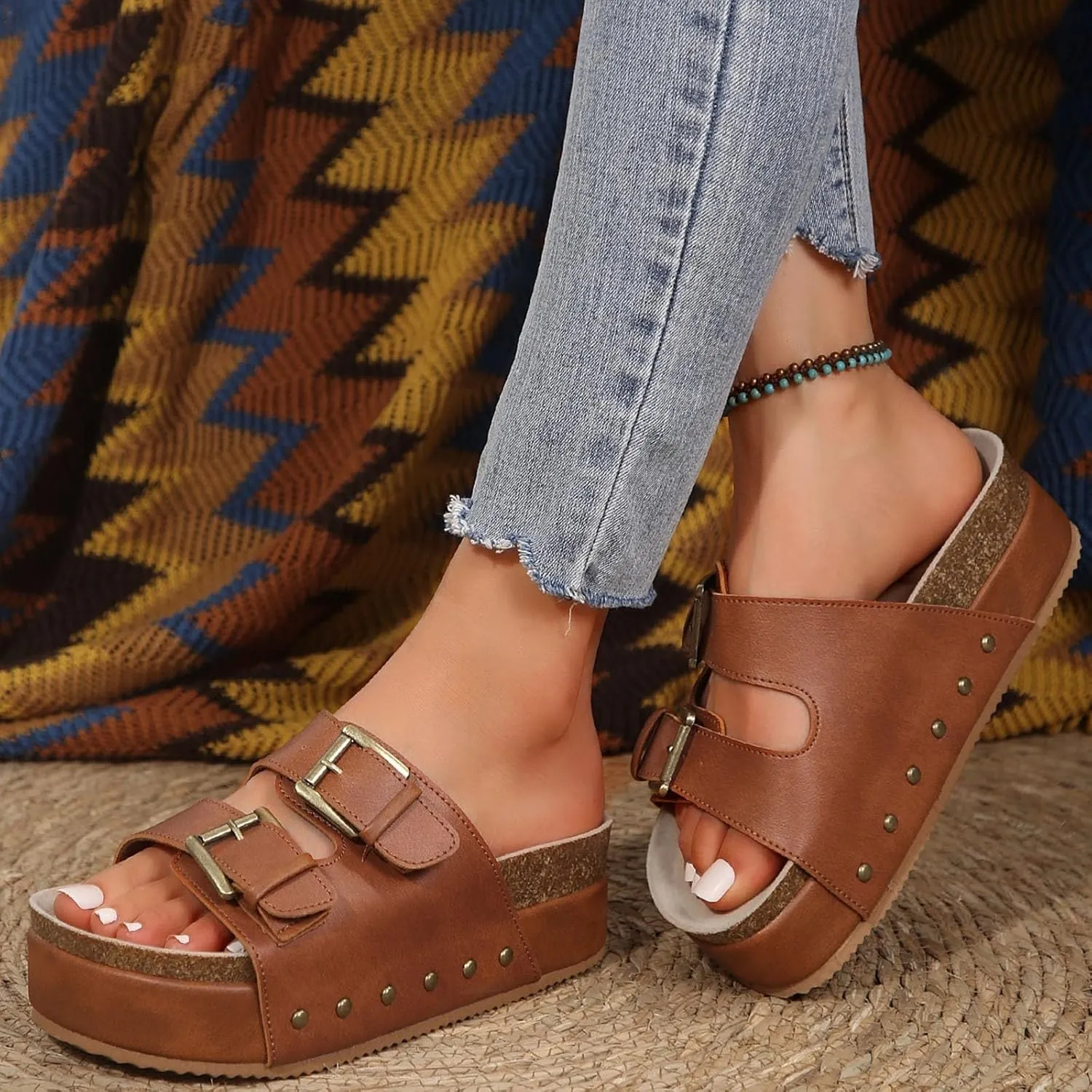 Flatform Sandals for Women Cork Footbed Slippers Platform Sandals Fashionable Thick Soled Mats Comfortable Sandals Women Dressy Summer Casual Walking Wedges Platform Wedges Open Toe Beach Shoes