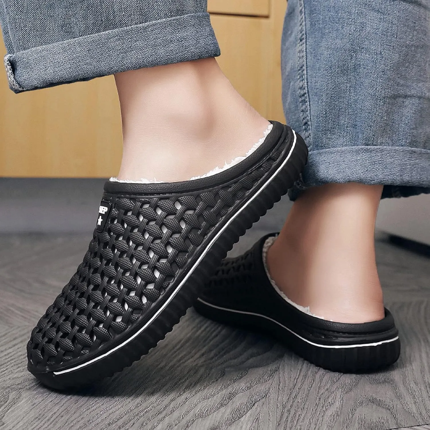 FLIOZY Mens Womens Warm Lined Clog Breathable Mesh House Slippers Winter Slip On Walking Garden Shoes