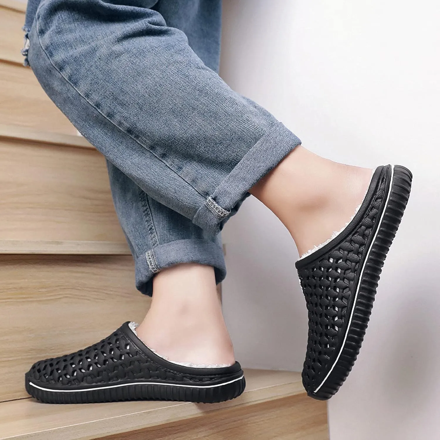 FLIOZY Mens Womens Warm Lined Clog Breathable Mesh House Slippers Winter Slip On Walking Garden Shoes