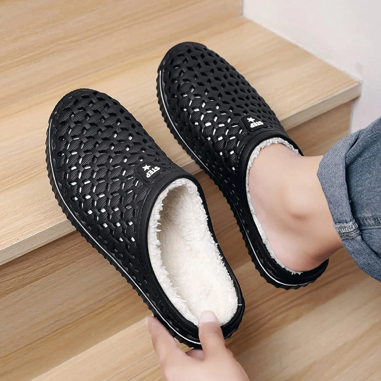 FLIOZY Mens Womens Warm Lined Clog Breathable Mesh House Slippers Winter Slip On Walking Garden Shoes