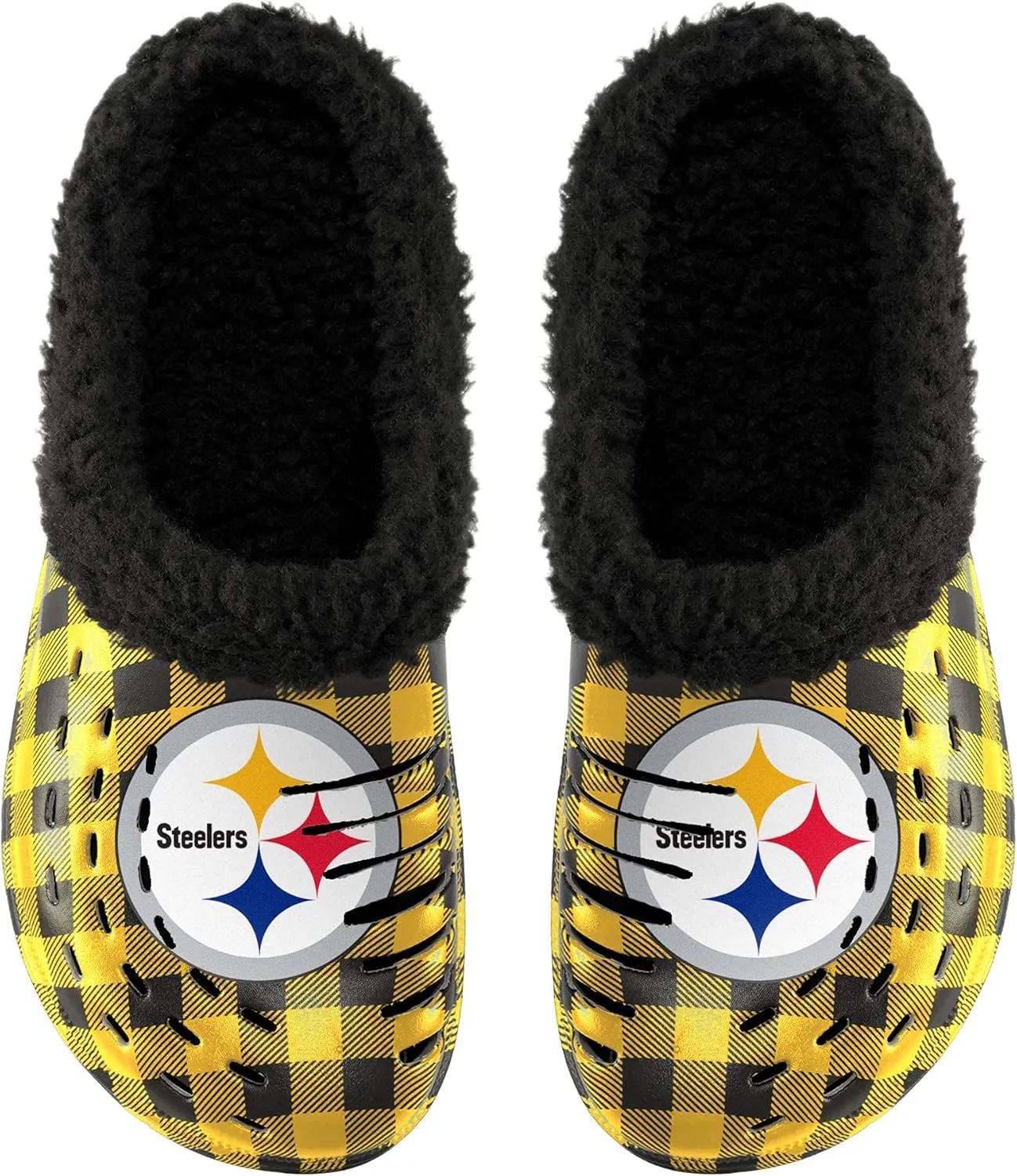 FOCO Men's NFL Team Logo Sherpa Lined Buffalo Check Shoes Slipper Clogs