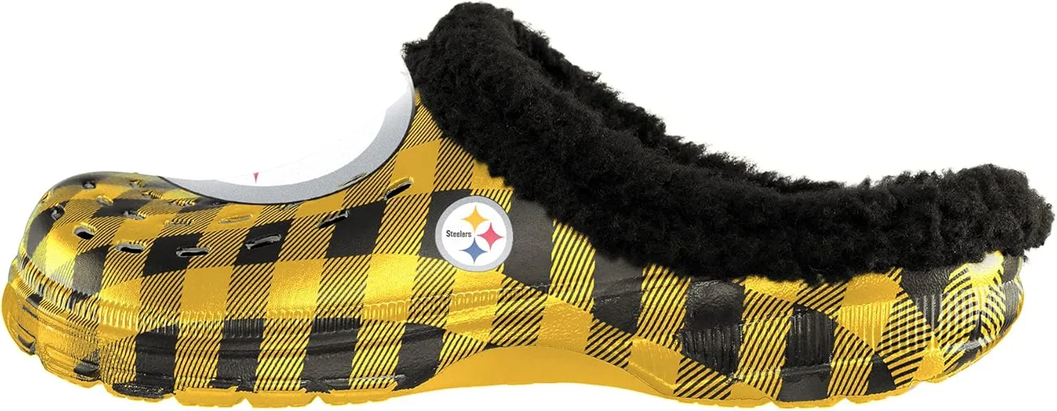 FOCO Men's NFL Team Logo Sherpa Lined Buffalo Check Shoes Slipper Clogs