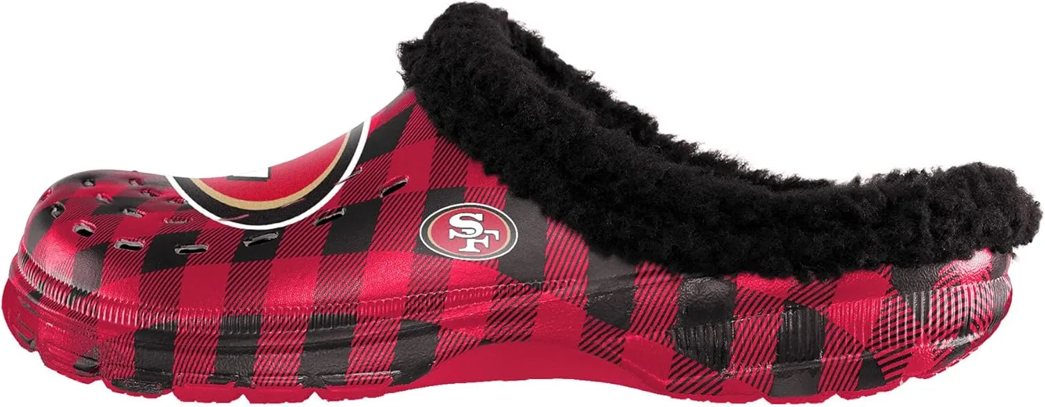 FOCO Men's NFL Team Logo Sherpa Lined Buffalo Check Shoes Slipper Clogs