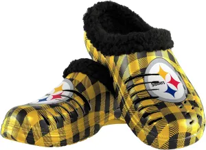 FOCO Men's NFL Team Logo Sherpa Lined Buffalo Check Shoes Slipper Clogs