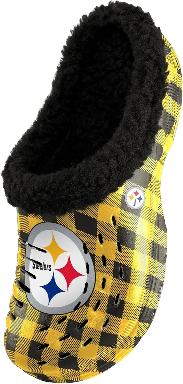 FOCO Men's NFL Team Logo Sherpa Lined Buffalo Check Shoes Slipper Clogs