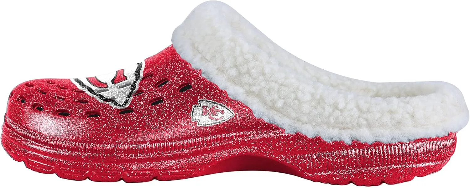 FOCO Women's NFL Team Logo Sherpa Lined Glitter Shoes Slipper Clogs