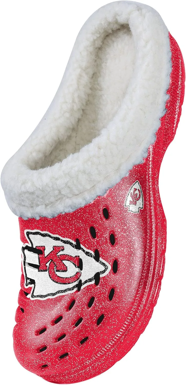 FOCO Women's NFL Team Logo Sherpa Lined Glitter Shoes Slipper Clogs