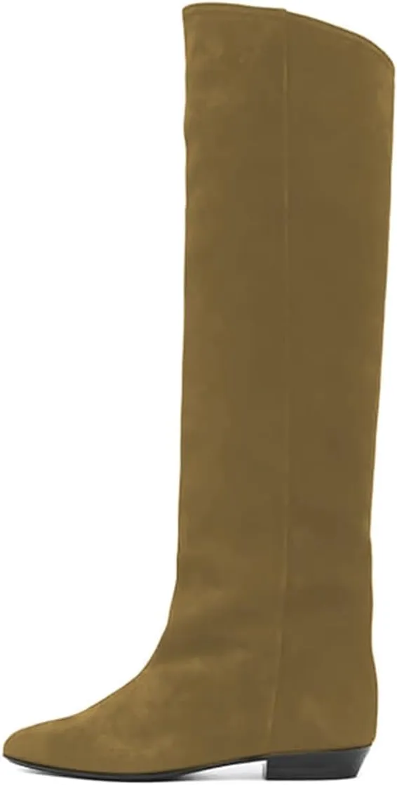 FOWT Women Pointed Toe Pull on Knee High Boot Classic Block Low Heel Long Boot Comfy Warm Daily Outdoor Commuting Dress Shoes Size 4-16 US