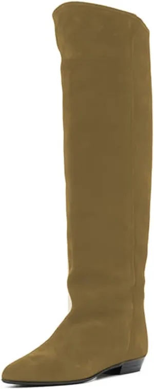 FOWT Women Pointed Toe Pull on Knee High Boot Classic Block Low Heel Long Boot Comfy Warm Daily Outdoor Commuting Dress Shoes Size 4-16 US