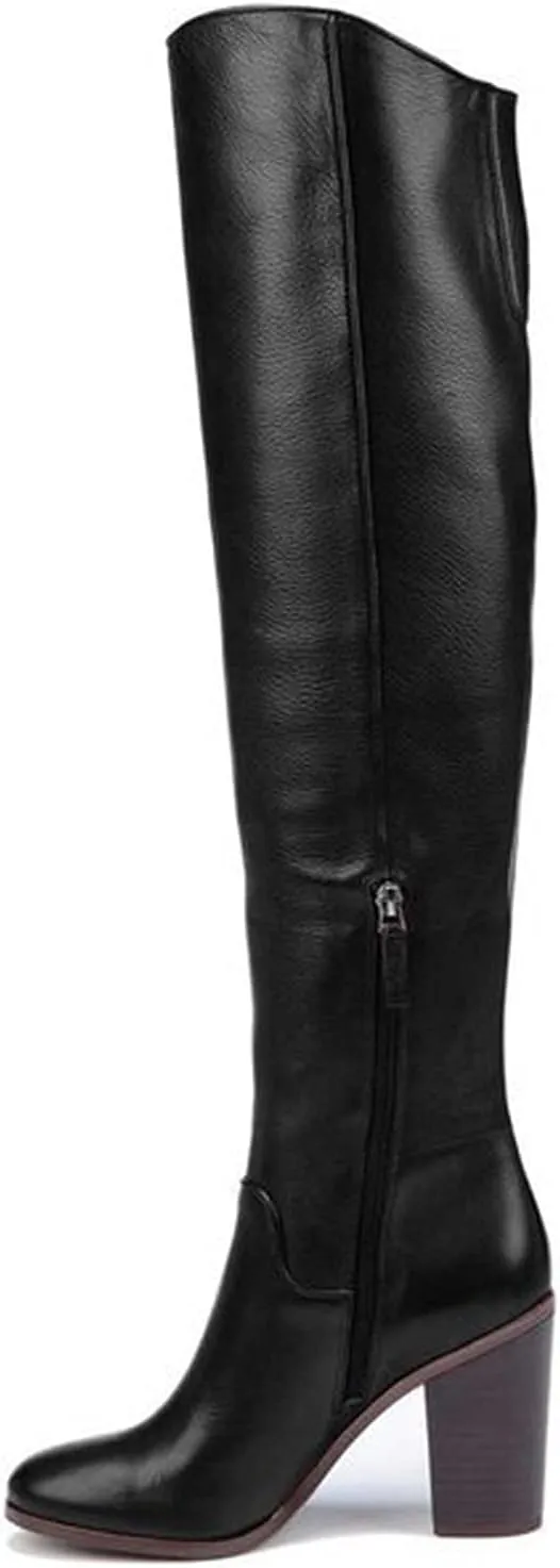 FOWT Women Round Toe High Chunky Heel Knee Boots Solid Color Smooth Leather Side Zipper Long Booties Classic Autumn Winter Warm Unisex Knee-High Shoes for Office School Party 4-16 US Size