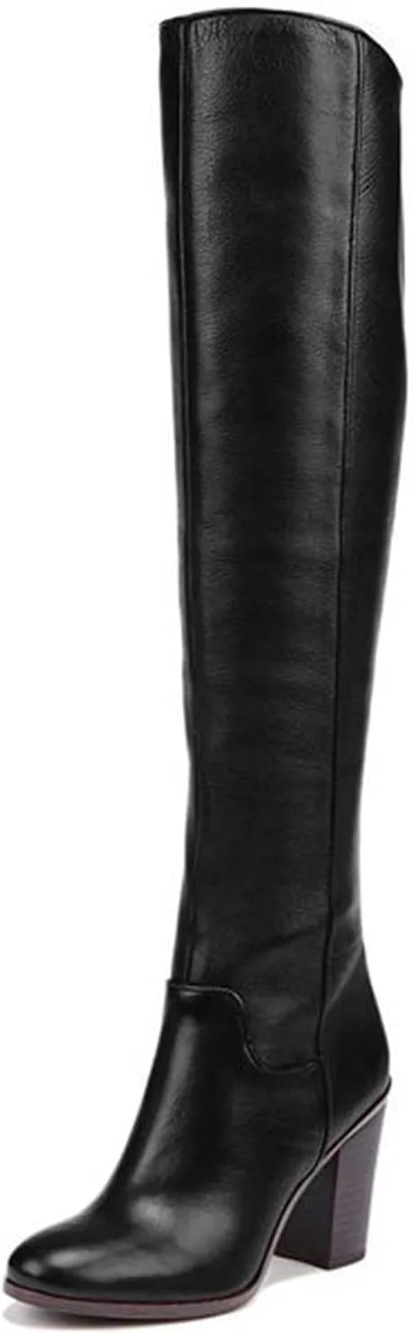 FOWT Women Round Toe High Chunky Heel Knee Boots Solid Color Smooth Leather Side Zipper Long Booties Classic Autumn Winter Warm Unisex Knee-High Shoes for Office School Party 4-16 US Size