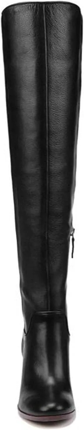 FOWT Women Round Toe High Chunky Heel Knee Boots Solid Color Smooth Leather Side Zipper Long Booties Classic Autumn Winter Warm Unisex Knee-High Shoes for Office School Party 4-16 US Size