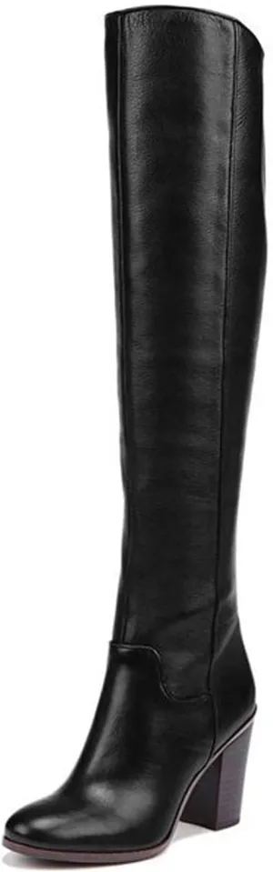 FOWT Women Round Toe High Chunky Heel Knee Boots Solid Color Smooth Leather Side Zipper Long Booties Classic Autumn Winter Warm Unisex Knee-High Shoes for Office School Party 4-16 US Size