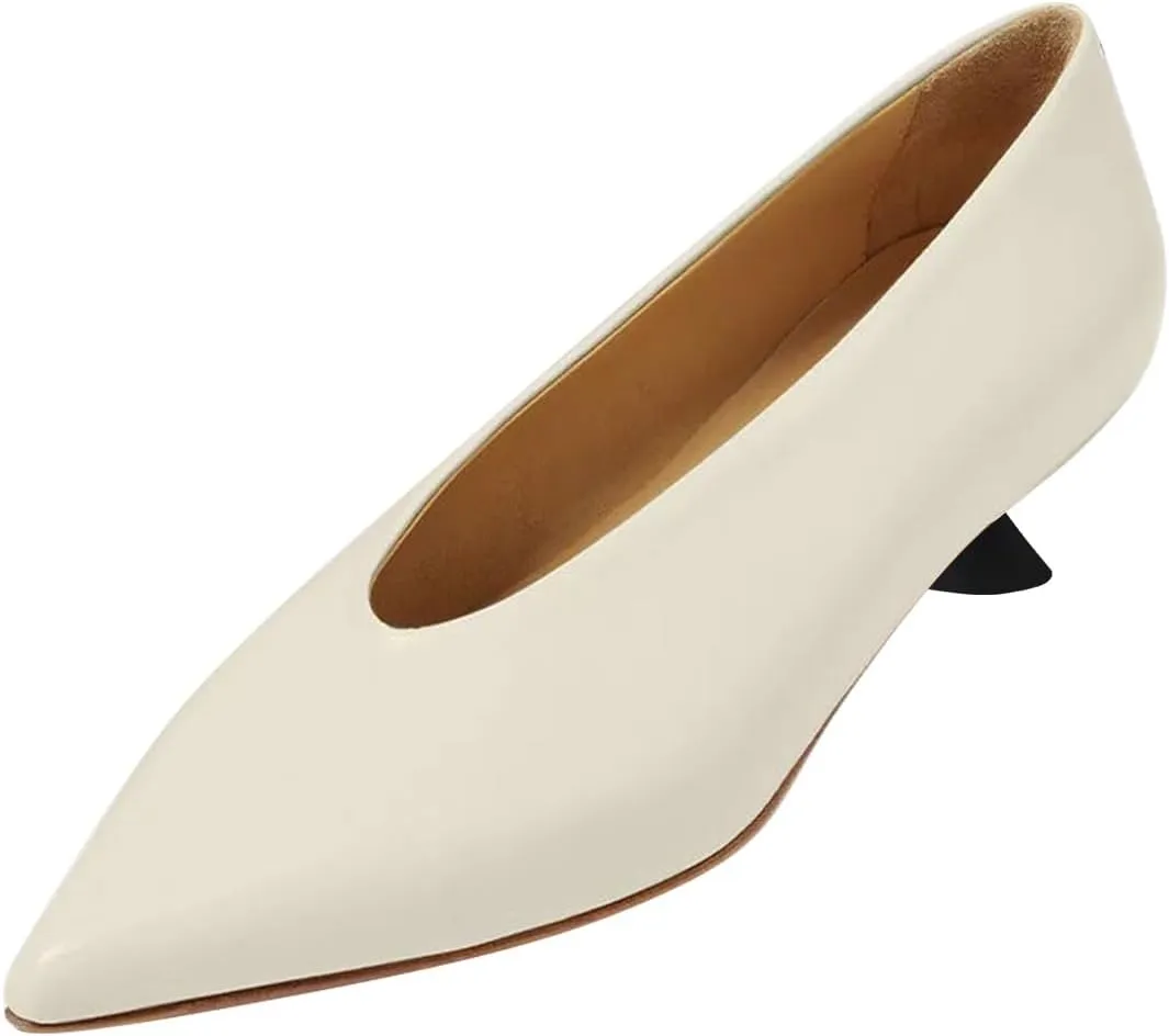FSJ Women Fashion Pointed Toe V Cut Low Kitten Heel Slip On Pumps Soft Leather Ladies Daily Comfort Basic Dress Shoes Size 4-15 US
