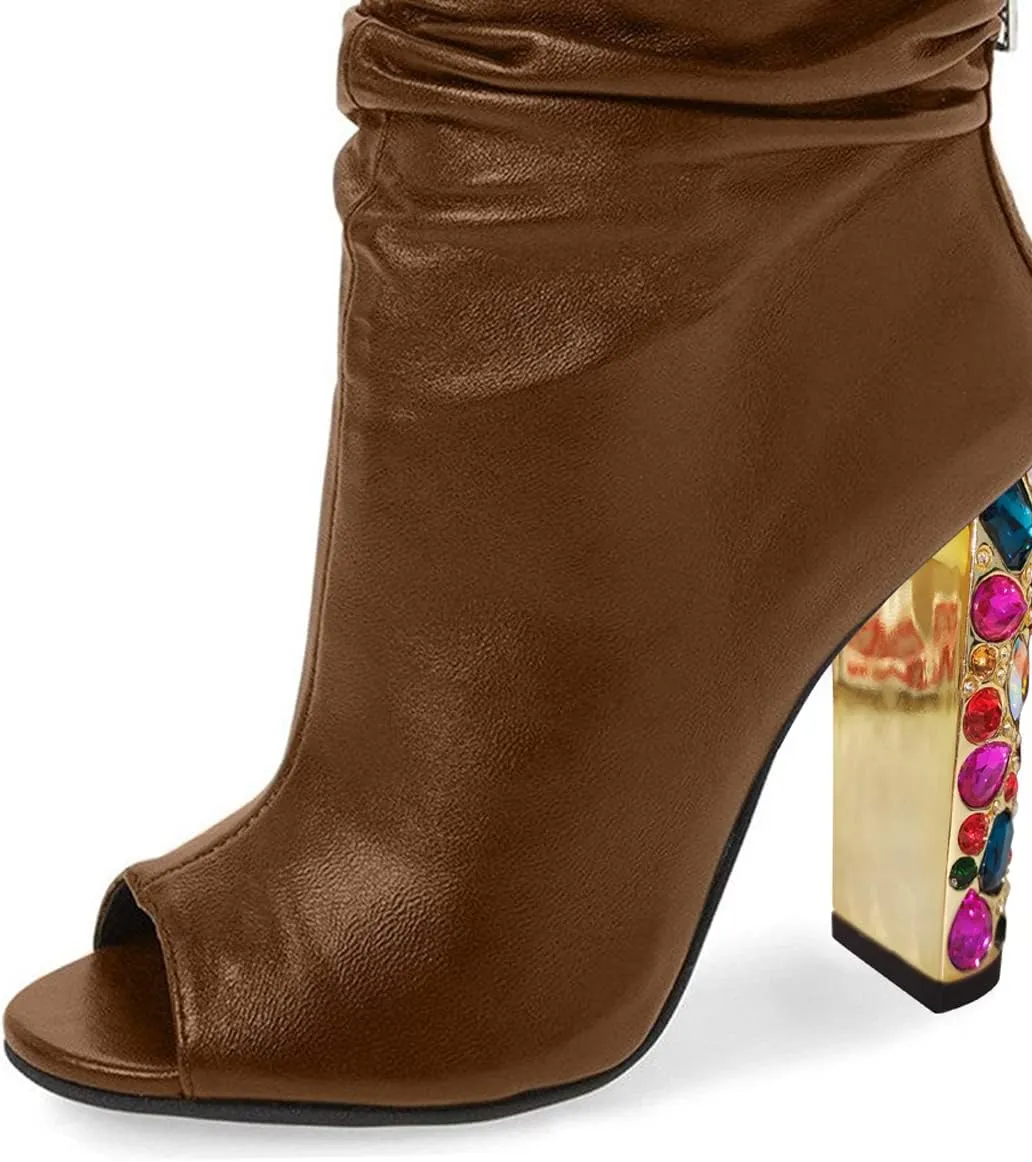 FSJ Women Fashion Slouch Ankle Boots Peep Toe Chunky High Heel Studded with Crystal Gem Heel Back Zipper Party Dress Walking Shoes Size 4-15 US