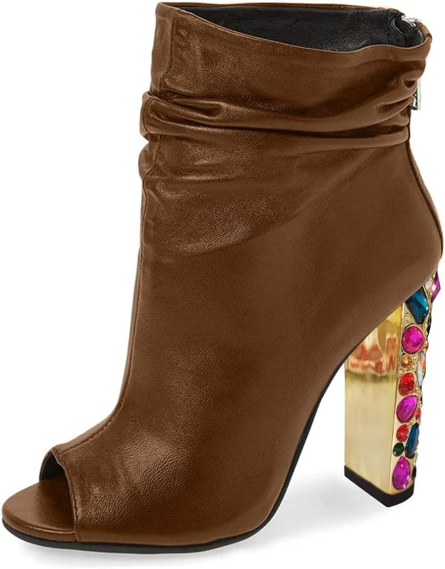 FSJ Women Fashion Slouch Ankle Boots Peep Toe Chunky High Heel Studded with Crystal Gem Heel Back Zipper Party Dress Walking Shoes Size 4-15 US