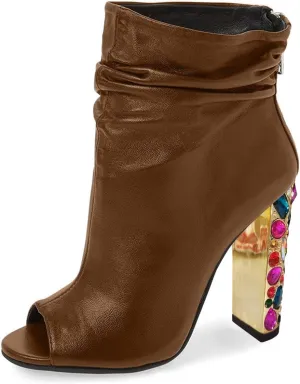 FSJ Women Fashion Slouch Ankle Boots Peep Toe Chunky High Heel Studded with Crystal Gem Heel Back Zipper Party Dress Walking Shoes Size 4-15 US