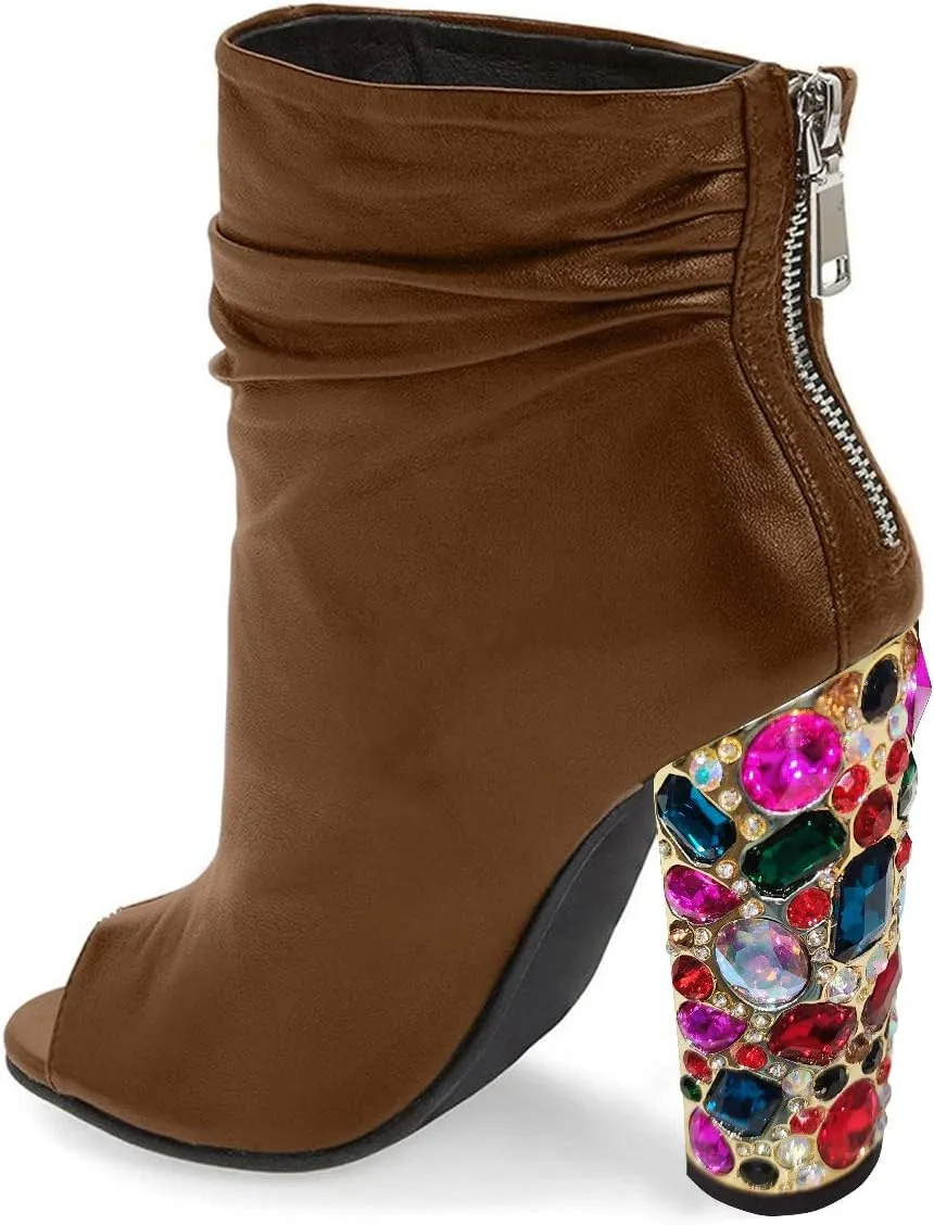 FSJ Women Fashion Slouch Ankle Boots Peep Toe Chunky High Heel Studded with Crystal Gem Heel Back Zipper Party Dress Walking Shoes Size 4-15 US