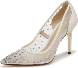 FSJ Women Pointed Toe Stiletto Pumps Slip On Sparkly Rhinestones Studded Mesh High Heel Sexy Formal Event Dress Shoes Sizes 4-16 US