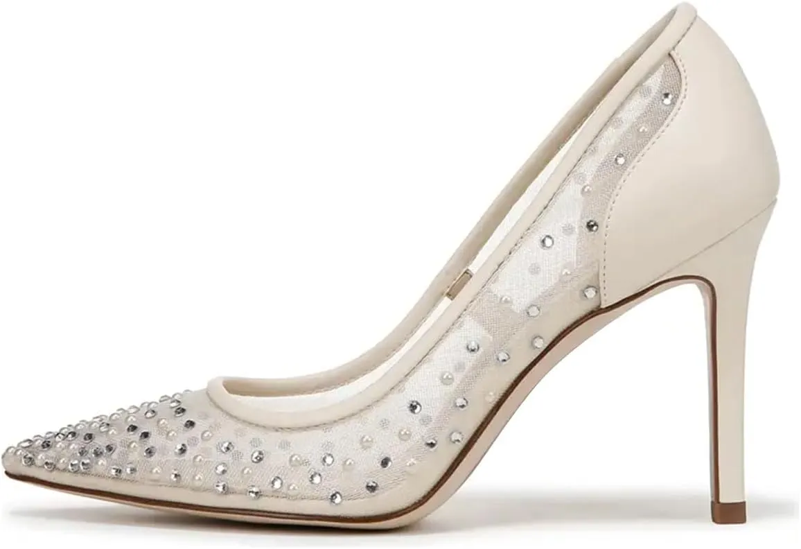 FSJ Women Pointed Toe Stiletto Pumps Slip On Sparkly Rhinestones Studded Mesh High Heel Sexy Formal Event Dress Shoes Sizes 4-16 US
