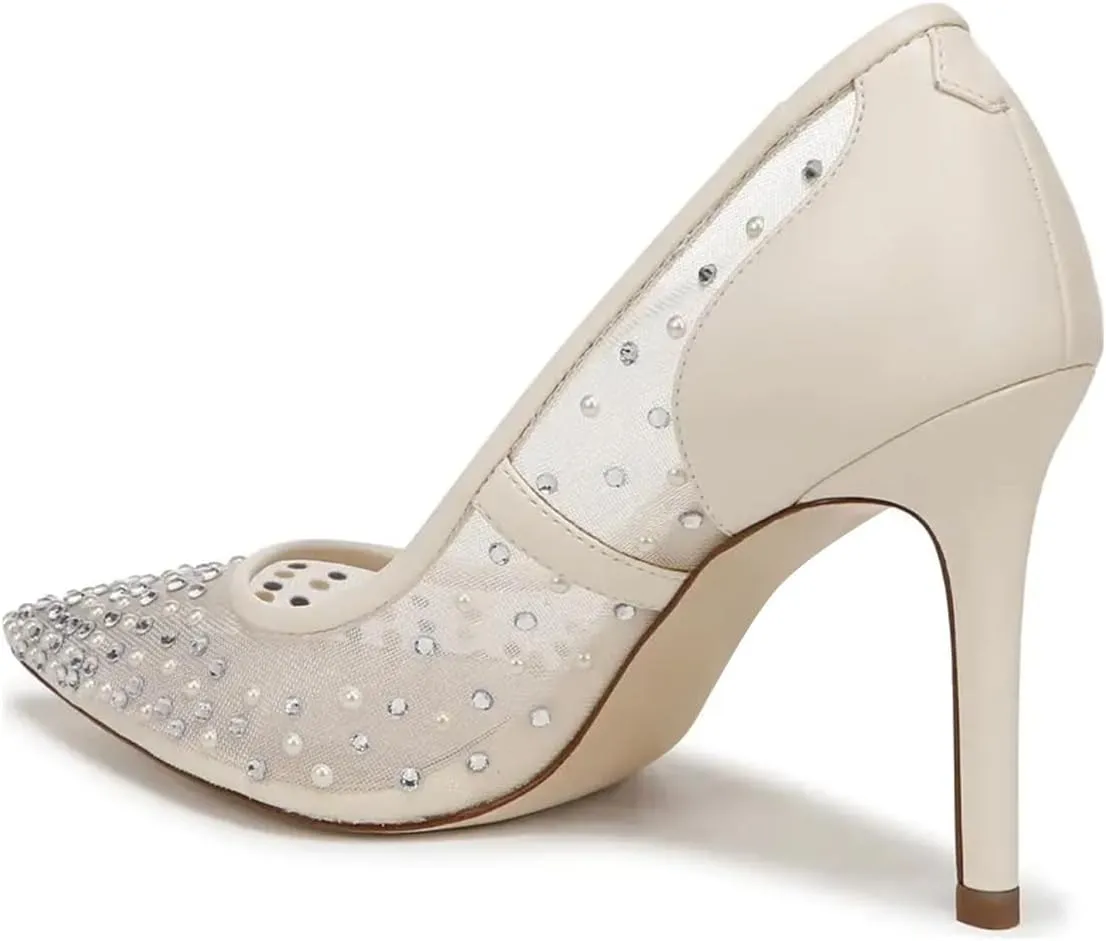 FSJ Women Pointed Toe Stiletto Pumps Slip On Sparkly Rhinestones Studded Mesh High Heel Sexy Formal Event Dress Shoes Sizes 4-16 US