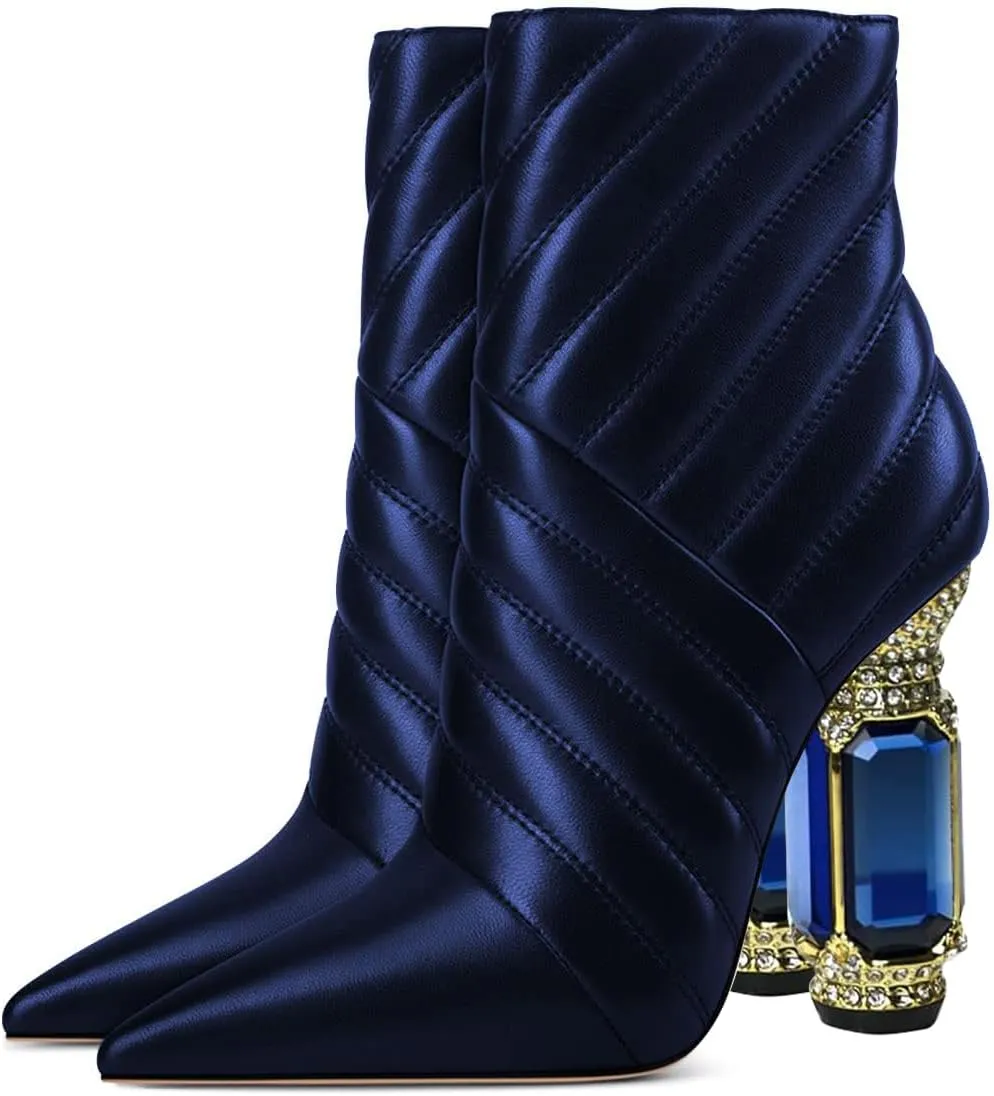 FSJ Women Sparkly Crystal Block High Heel Pointed Toe Ankle Boot Side Zipper Wedding Party Banquet Dress Shoes Size 4-15 US