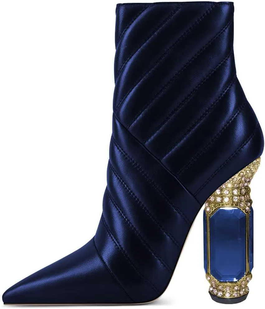 FSJ Women Sparkly Crystal Block High Heel Pointed Toe Ankle Boot Side Zipper Wedding Party Banquet Dress Shoes Size 4-15 US