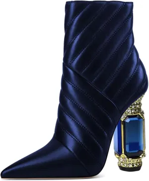 FSJ Women Sparkly Crystal Block High Heel Pointed Toe Ankle Boot Side Zipper Wedding Party Banquet Dress Shoes Size 4-15 US