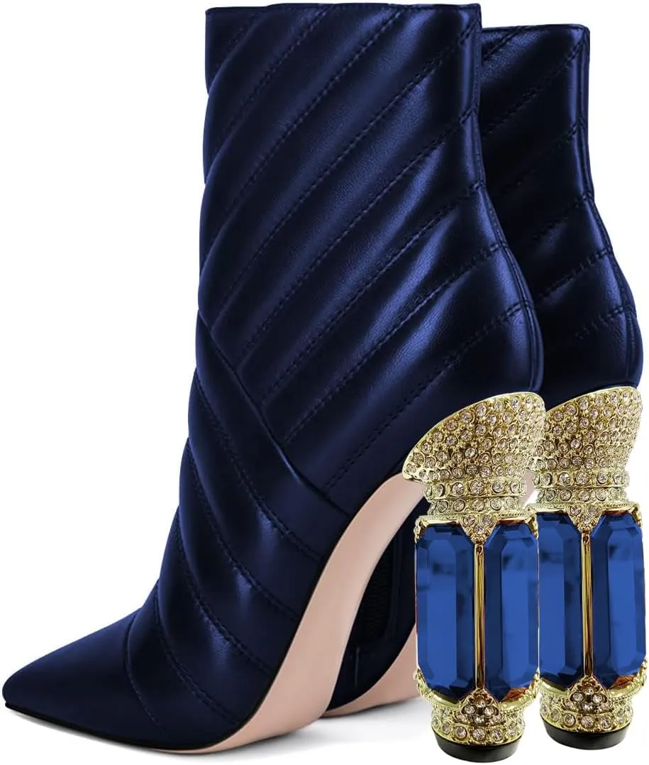 FSJ Women Sparkly Crystal Block High Heel Pointed Toe Ankle Boot Side Zipper Wedding Party Banquet Dress Shoes Size 4-15 US