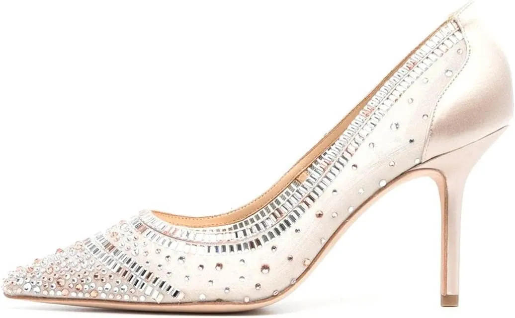 FSJ Women Wedding Rhinestones Mesh Satin High Heel Pumps Pointy Toe Stiletto Slip On Comfort Lace Sequins Bridal Dress Evening Shoes Size 4-15 US