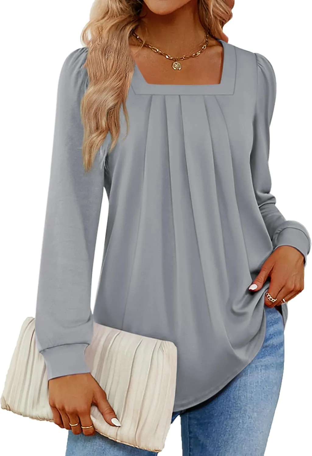 Funlingo 2024 Women's Long Sleeve Tops Dressy Pleated Square Neck Tunic Blouses Casual Loose Shirts