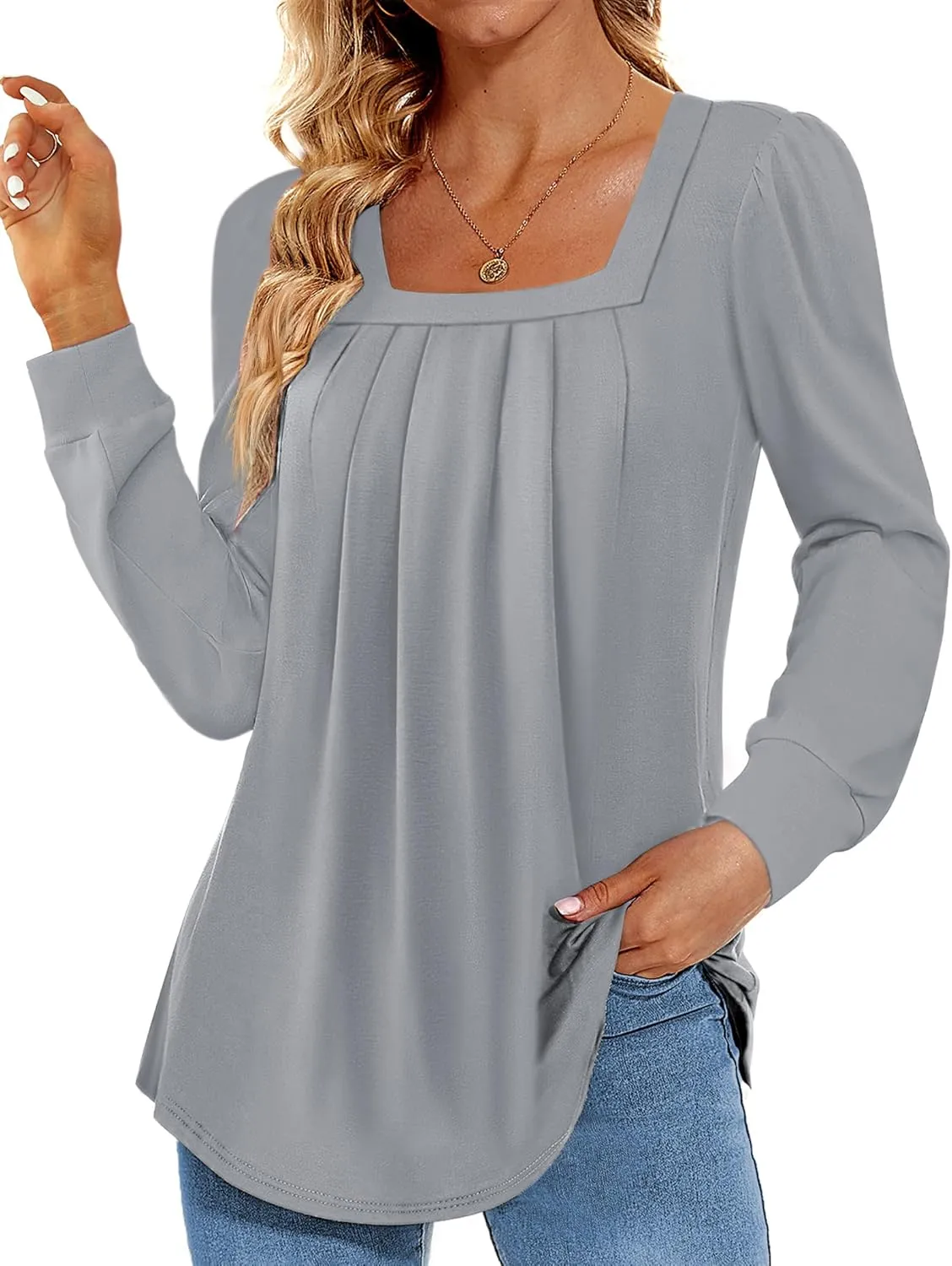 Funlingo 2024 Women's Long Sleeve Tops Dressy Pleated Square Neck Tunic Blouses Casual Loose Shirts