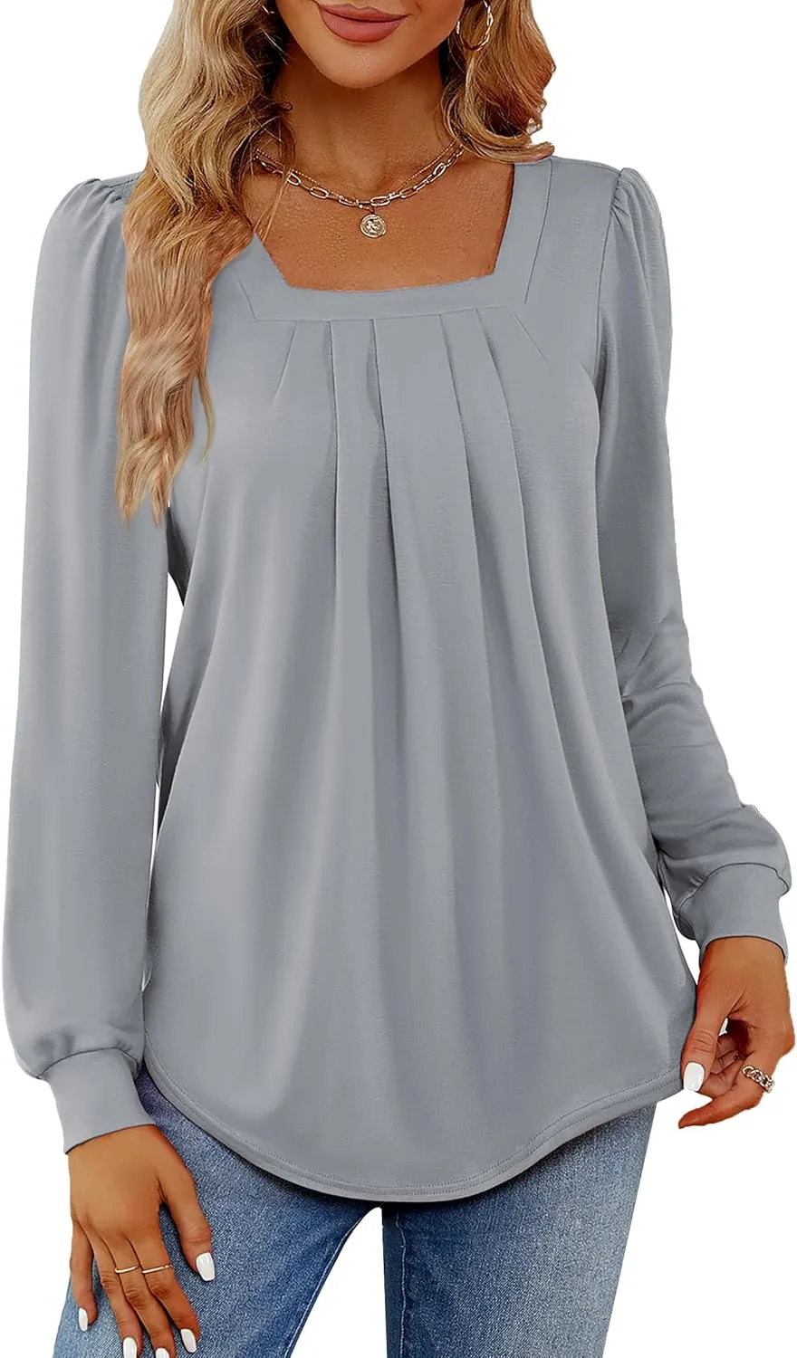Funlingo 2024 Women's Long Sleeve Tops Dressy Pleated Square Neck Tunic Blouses Casual Loose Shirts