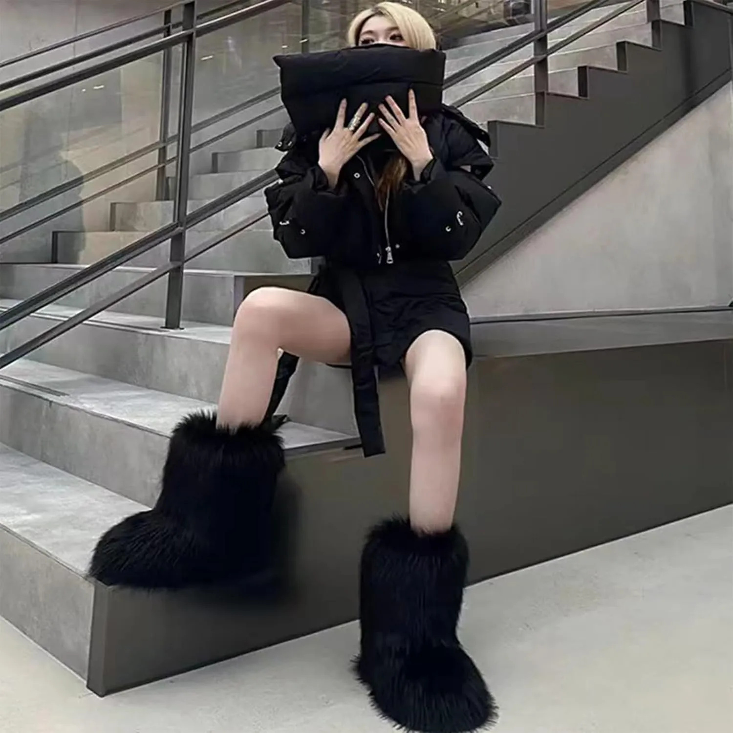 Fur Boots Warm Women's Faux Fur Boot Furry Short Snow Boot Mid-Calf Boots Outdoor Flat Shoes