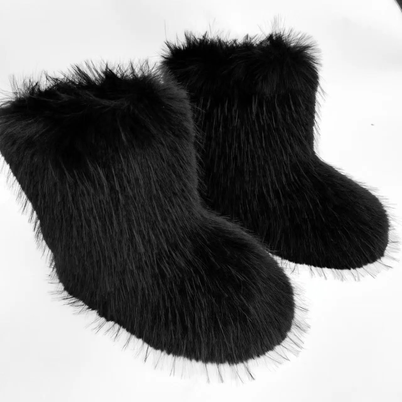 Fur Boots Warm Women's Faux Fur Boot Furry Short Snow Boot Mid-Calf Boots Outdoor Flat Shoes