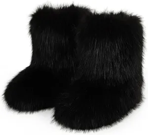 Fur Boots Warm Women's Faux Fur Boot Furry Short Snow Boot Mid-Calf Boots Outdoor Flat Shoes