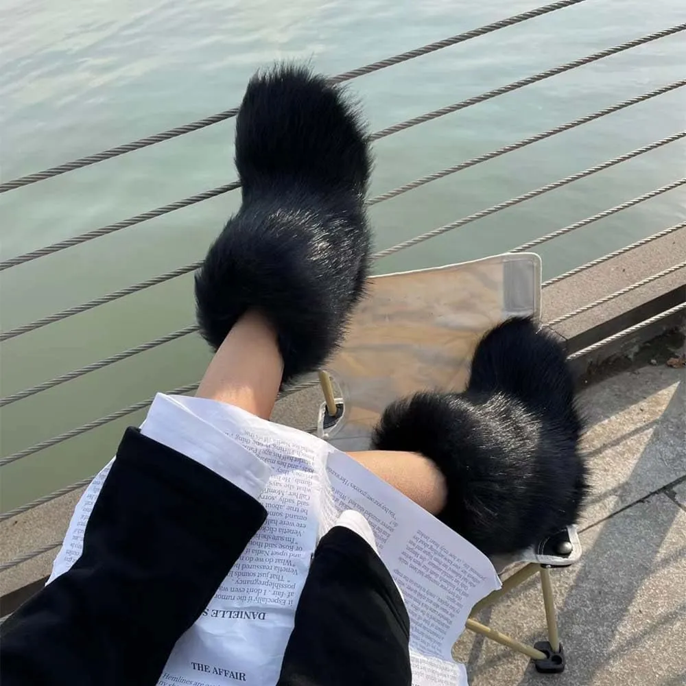 Fur Boots Warm Women's Faux Fur Boot Furry Short Snow Boot Mid-Calf Boots Outdoor Flat Shoes
