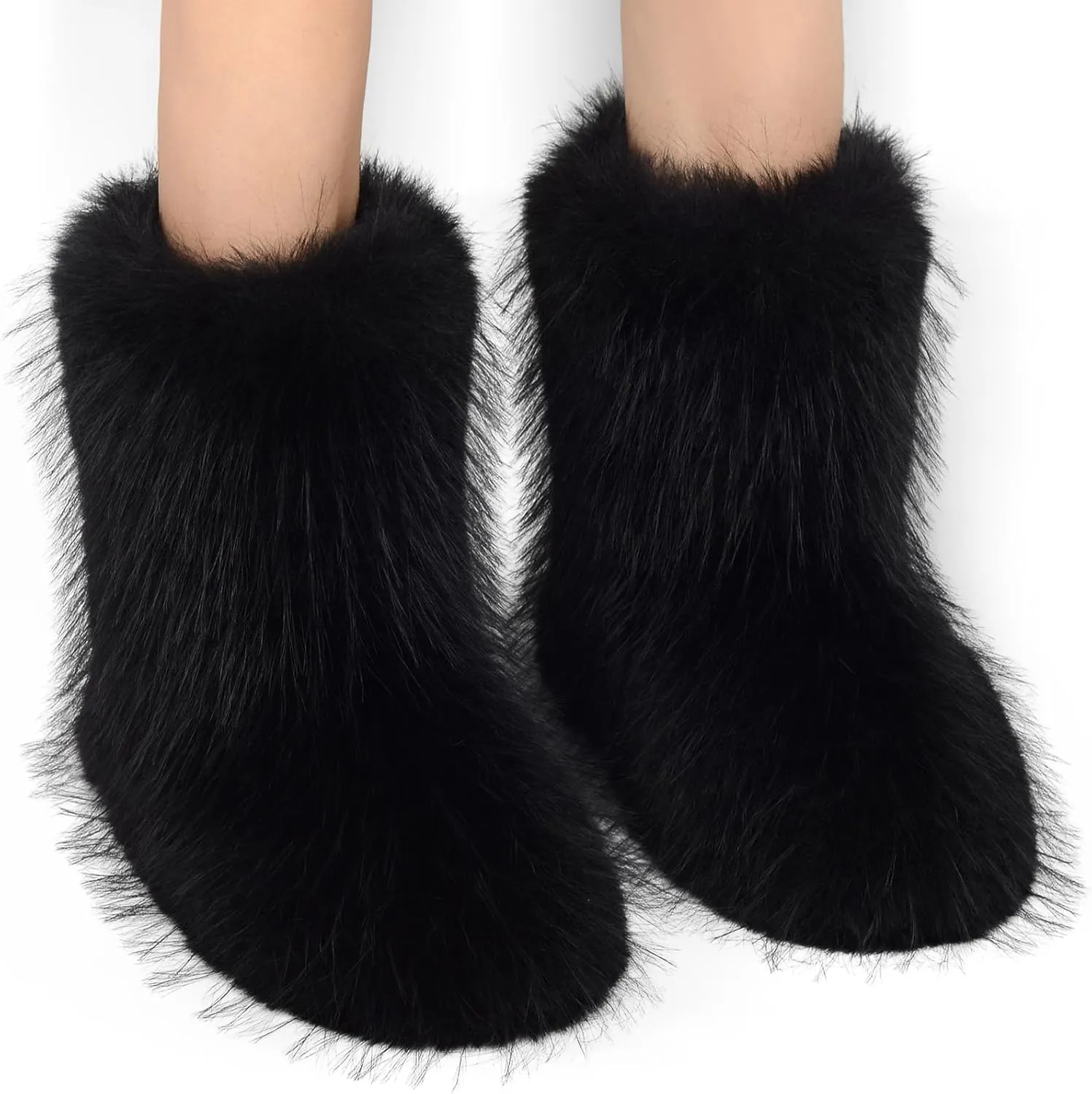 Fur Boots Warm Women's Faux Fur Boot Furry Short Snow Boot Mid-Calf Boots Outdoor Flat Shoes