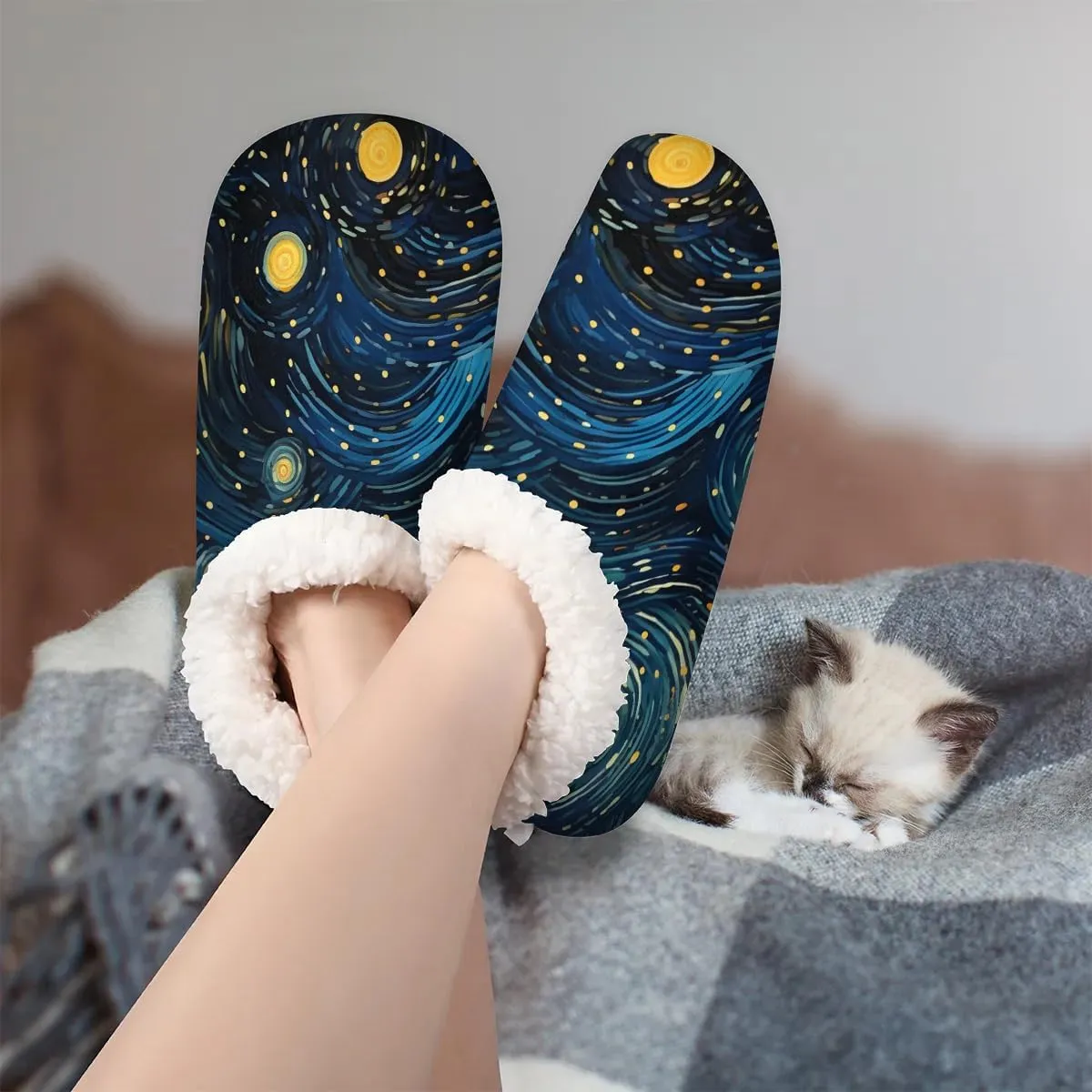 Futuristic Nebula Dust Cloud on Milky Way Cosmos Dark Matter Energy Interstellar Women's Soft Slippers Fuzzy Slip On House Slippers for Winter Bedroom Outdoor with Fleece Lining