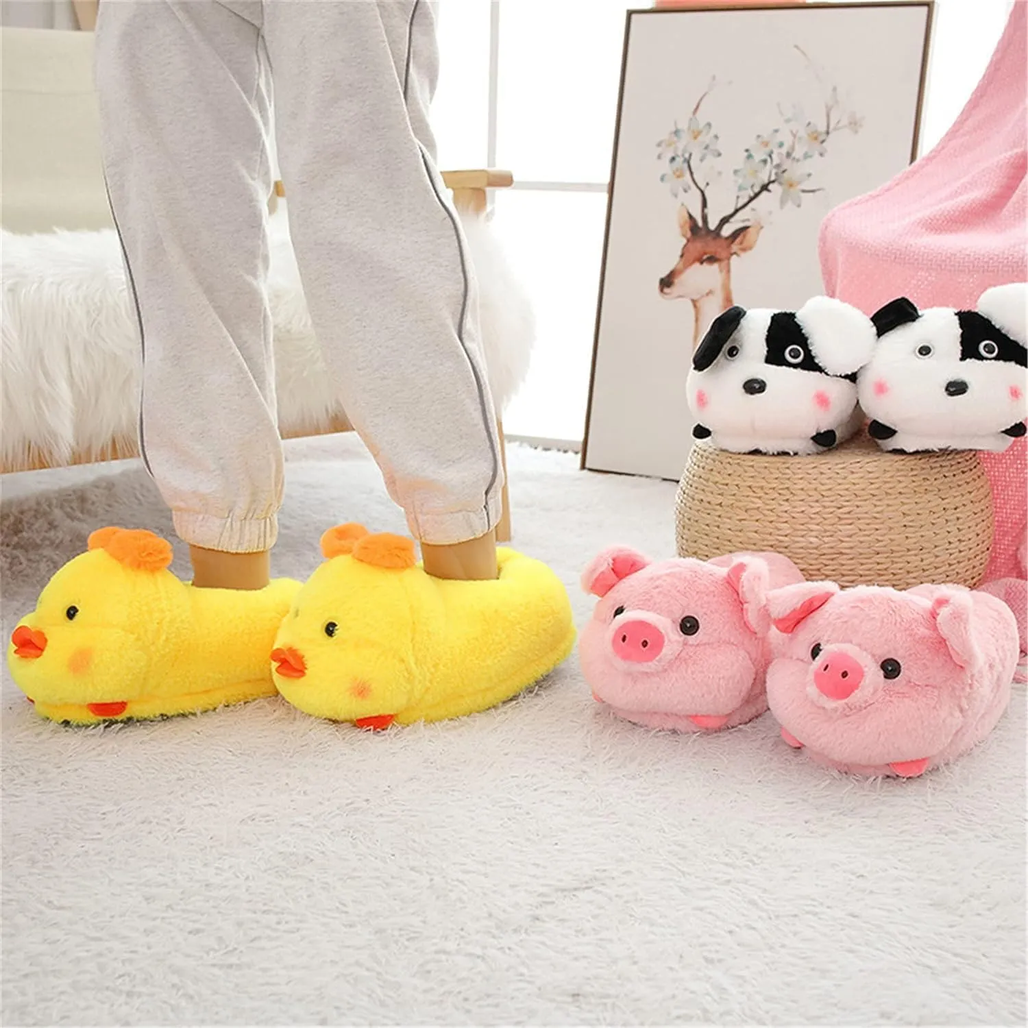 Fuzzy Cozy Pig Animal Cartoon Slippers for Women - Indoor Warm Winter Home Furry Slippers
