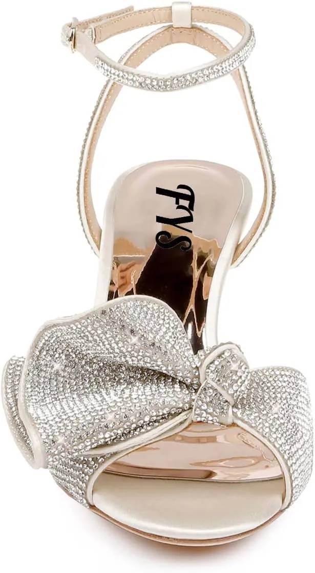 FYS Women Cute Rhinestones Bow Peep Toe Low Kitten Heel Ankle Strap Sandals Satin Dress Pumps Wedding Banquet Ladies Shoes Size 4-15 US