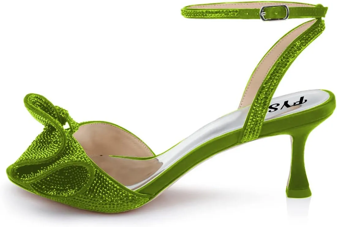 FYS Women Cute Rhinestones Bow Peep Toe Low Kitten Heel Ankle Strap Sandals Satin Dress Pumps Wedding Banquet Ladies Shoes Size 4-15 US