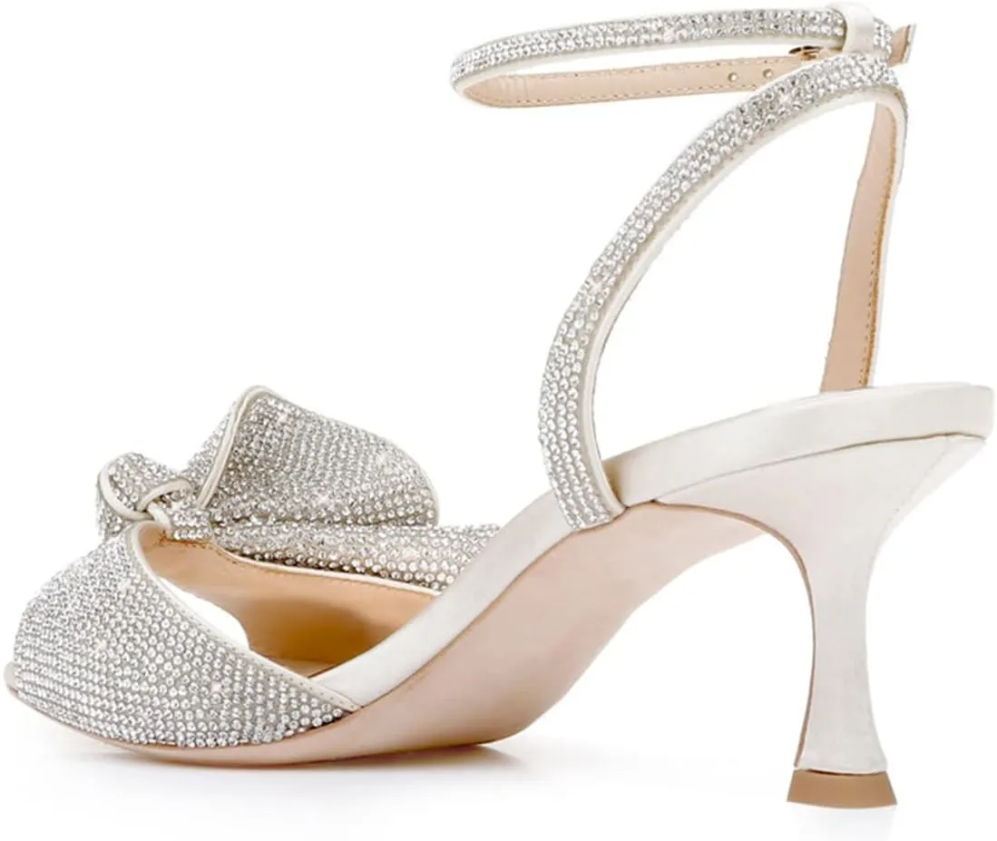 FYS Women Cute Rhinestones Bow Peep Toe Low Kitten Heel Ankle Strap Sandals Satin Dress Pumps Wedding Banquet Ladies Shoes Size 4-15 US