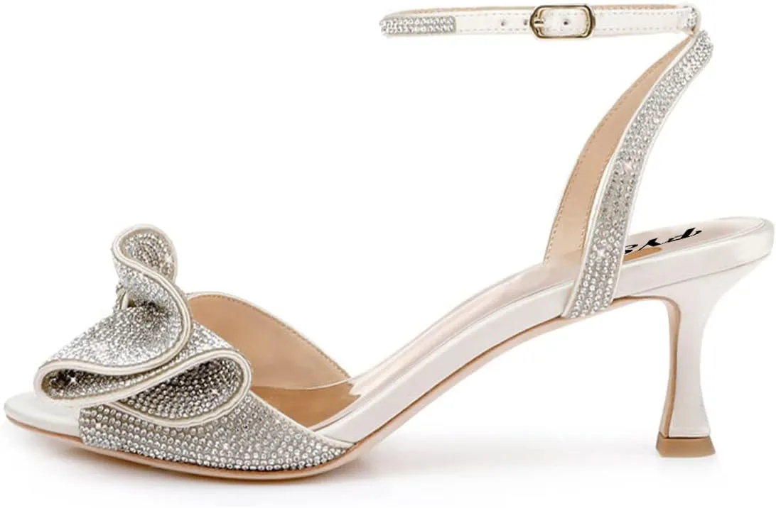 FYS Women Cute Rhinestones Bow Peep Toe Low Kitten Heel Ankle Strap Sandals Satin Dress Pumps Wedding Banquet Ladies Shoes Size 4-15 US