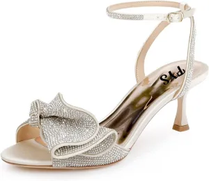 FYS Women Cute Rhinestones Bow Peep Toe Low Kitten Heel Ankle Strap Sandals Satin Dress Pumps Wedding Banquet Ladies Shoes Size 4-15 US
